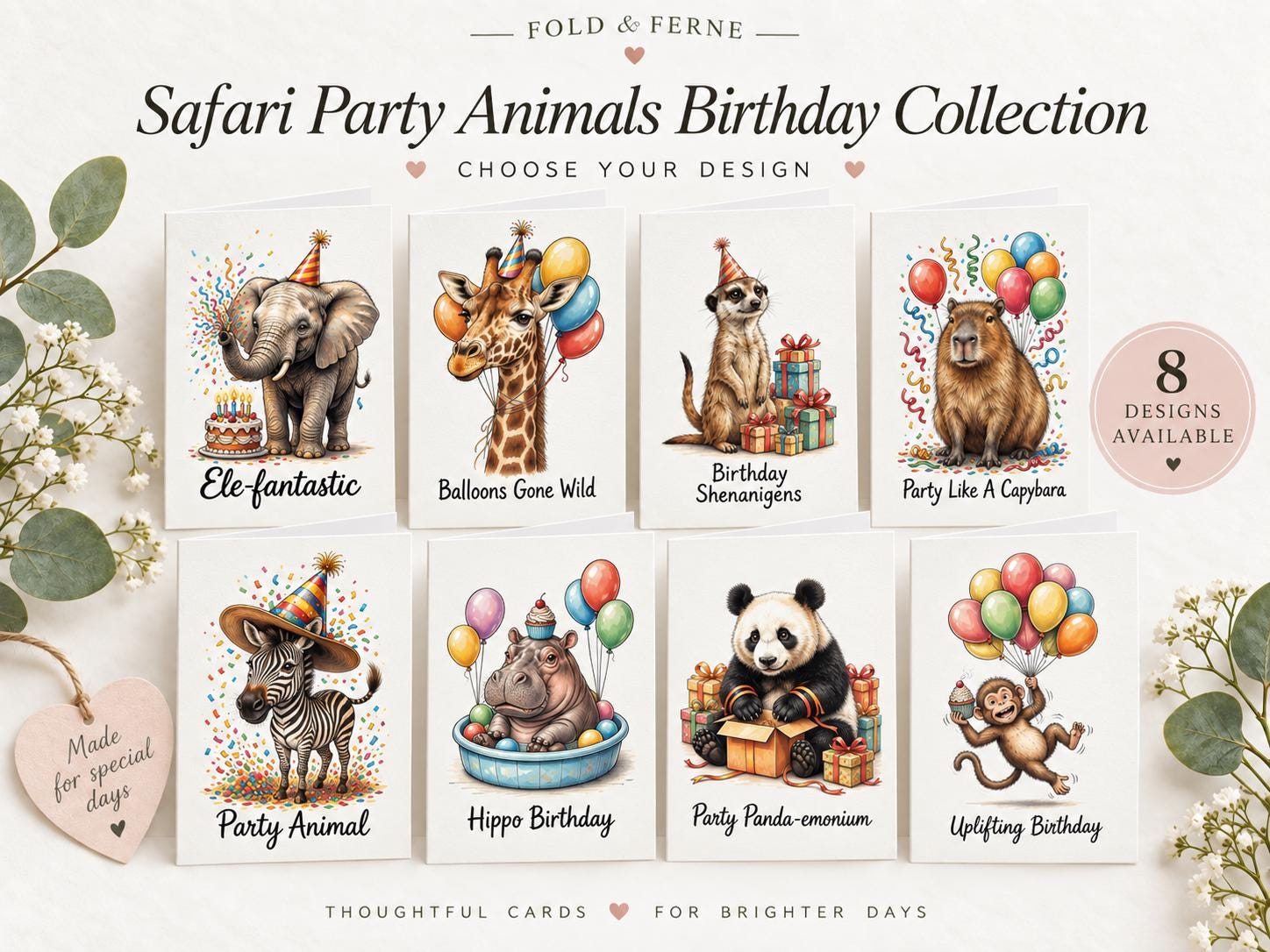 Safari Animal Birthday Cards, Funny Elephant Giraffe Meerkat Capybara Zebra Hippo Panda Monkey Card