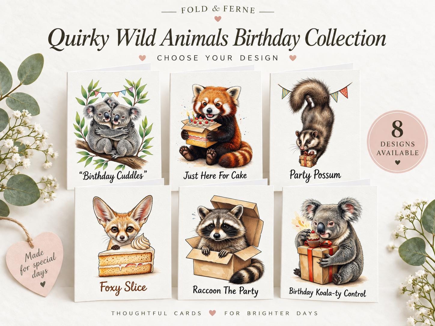 Wild Animal Birthday Cards, Funny Koala Red Panda Possum Raccoon T-Rex Sloth Card