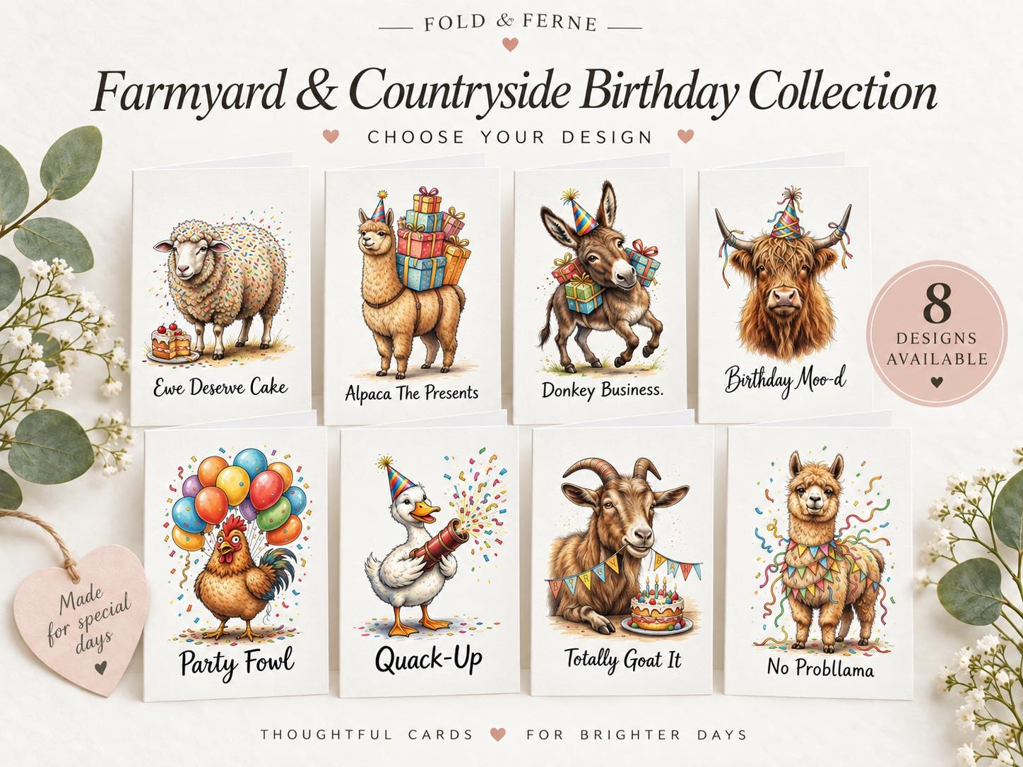 Farmyard and Countryside Animal Birthday Cards, Sheep Alpaca Donkey Highland Cow Chicken Duck Goat Llama