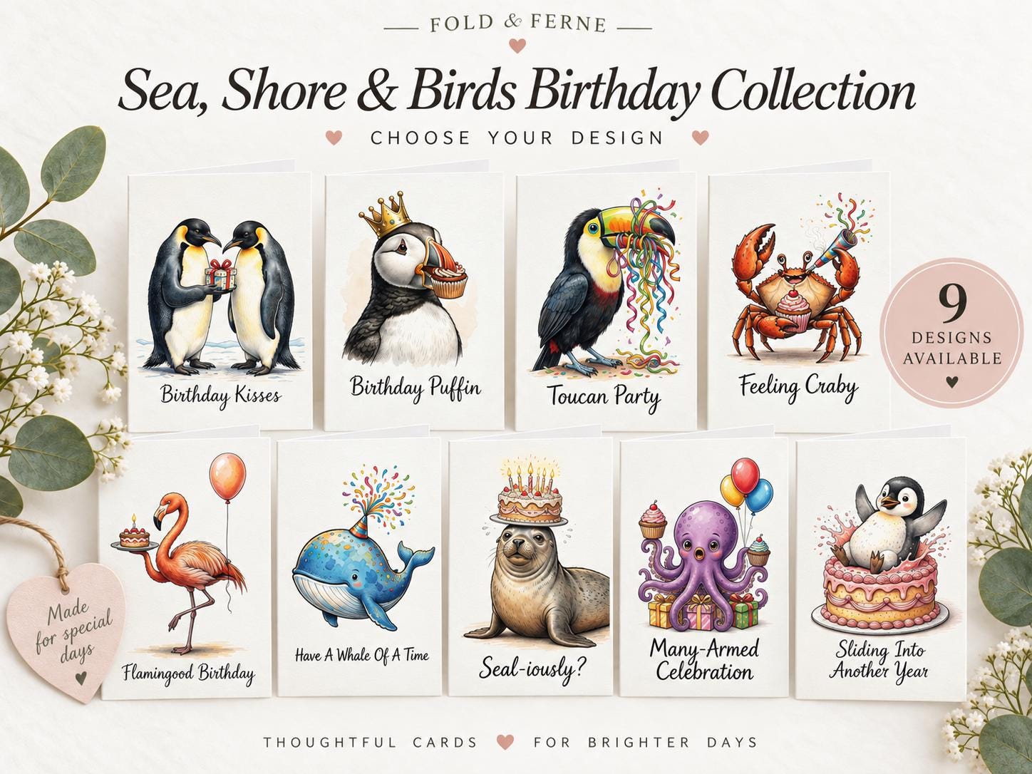 Sea Animal and Bird Birthday Cards, Penguin Puffin Crab Flamingo Whale Seal Octopus Card