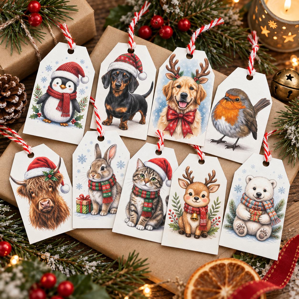 Festive Animal Christmas Gift Tags – Penguin, Dog, Cat, Reindeer (Pack of 10)