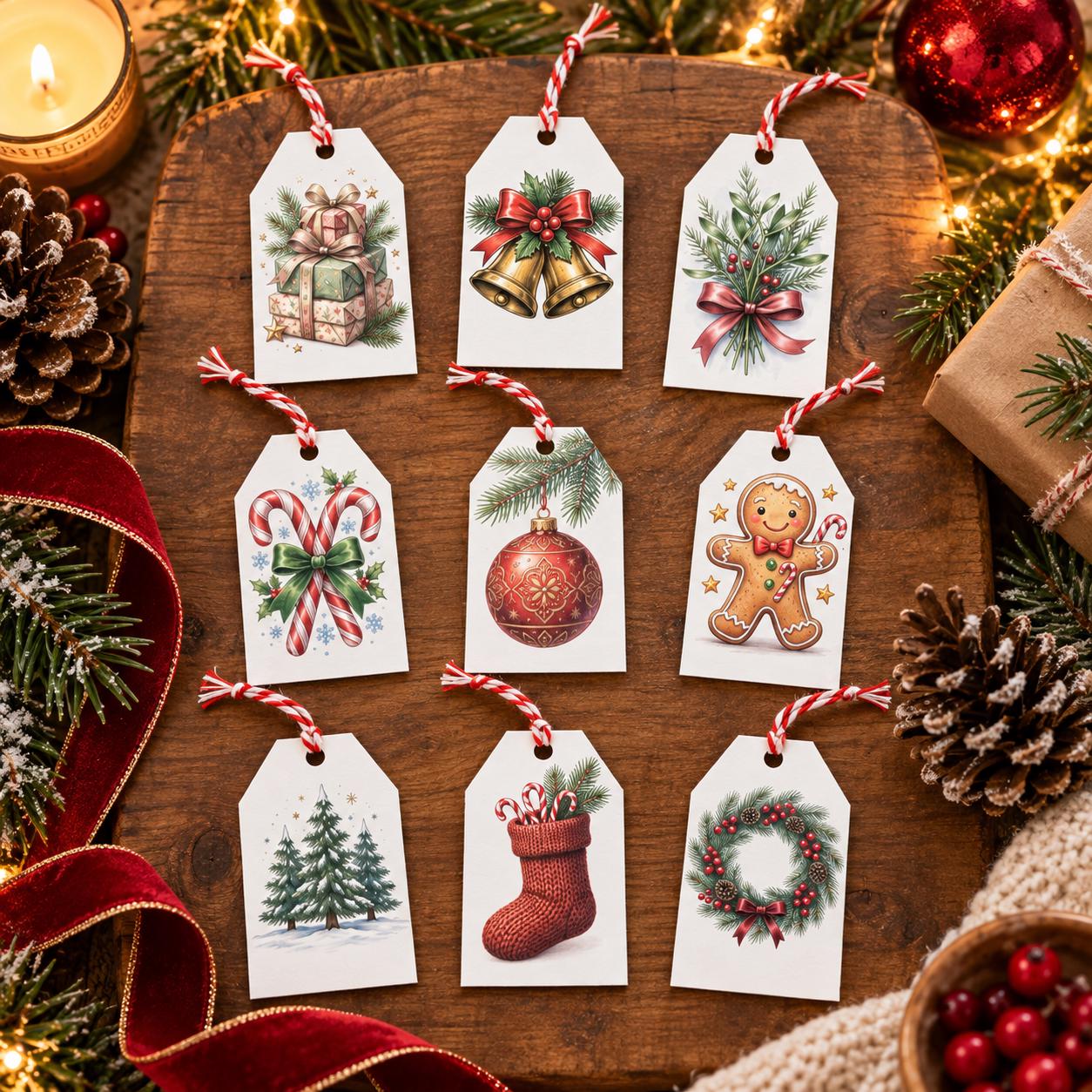 Traditional Christmas Gift Tags – Festive Designs with Twine (Pack of 10)